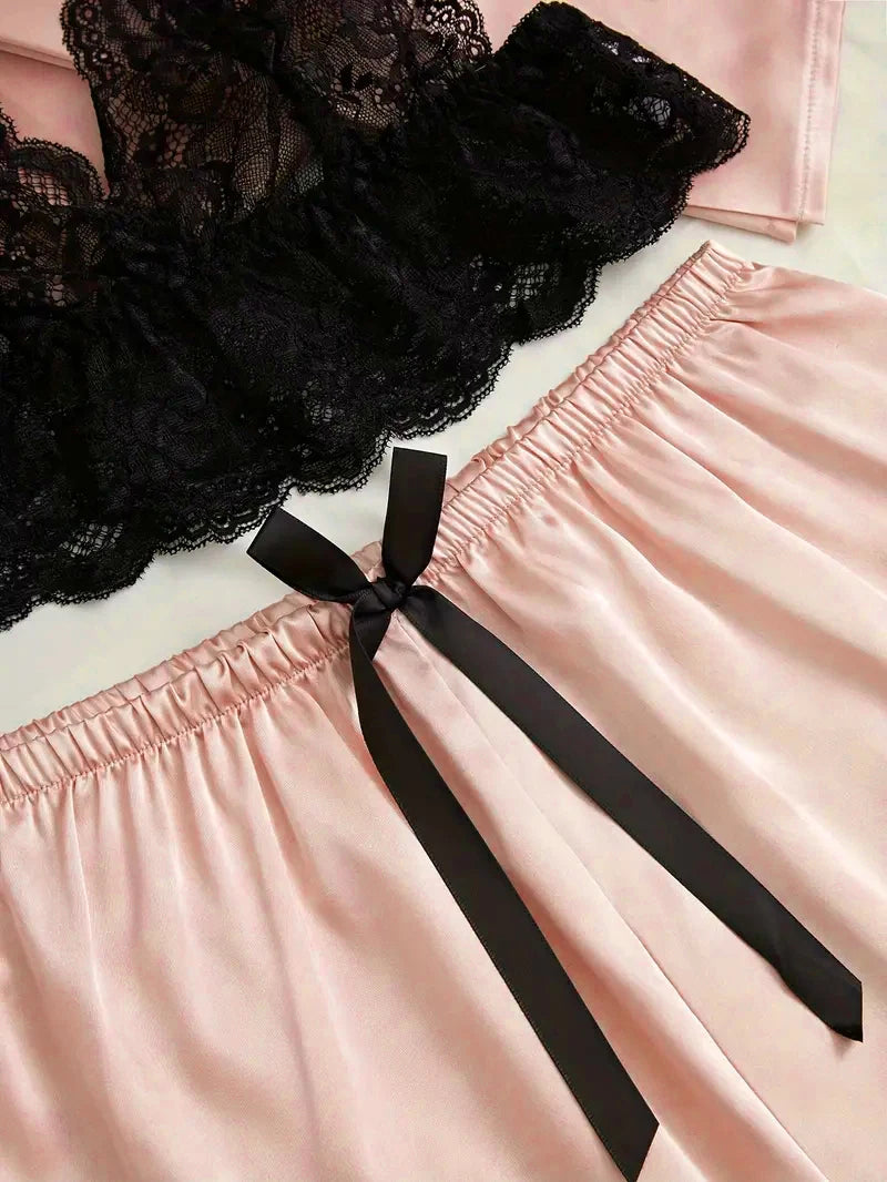 Women's Satin Sleepwear Pajama Set Pink Sexy Lingerie Bath Robe Lace Patchwork Silk Night Dress Trousers Home Nightwear