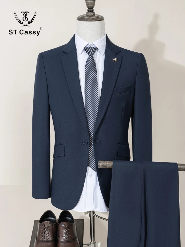 ST Cassy Men's Slim Fit 2-Piece Suit – Solid Color Formal Business & Office Wear