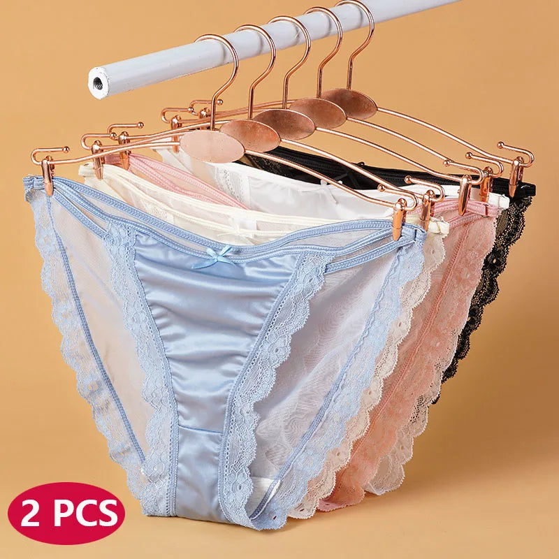 2PCS Women's Mesh Satin Ice Silk Low Rise Panties Soft Breathable Sexy Lace Underwear