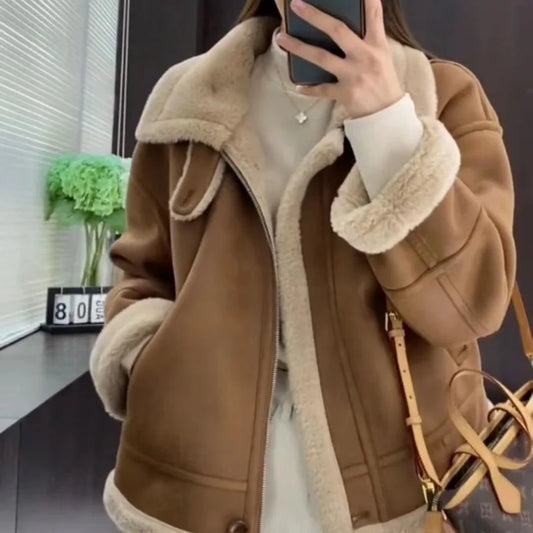 Lamb Fur Jacket Women’s Autumn Winter Thick Motorcycle-Style Short Plush Cotton Fashion Outerwear Coat
