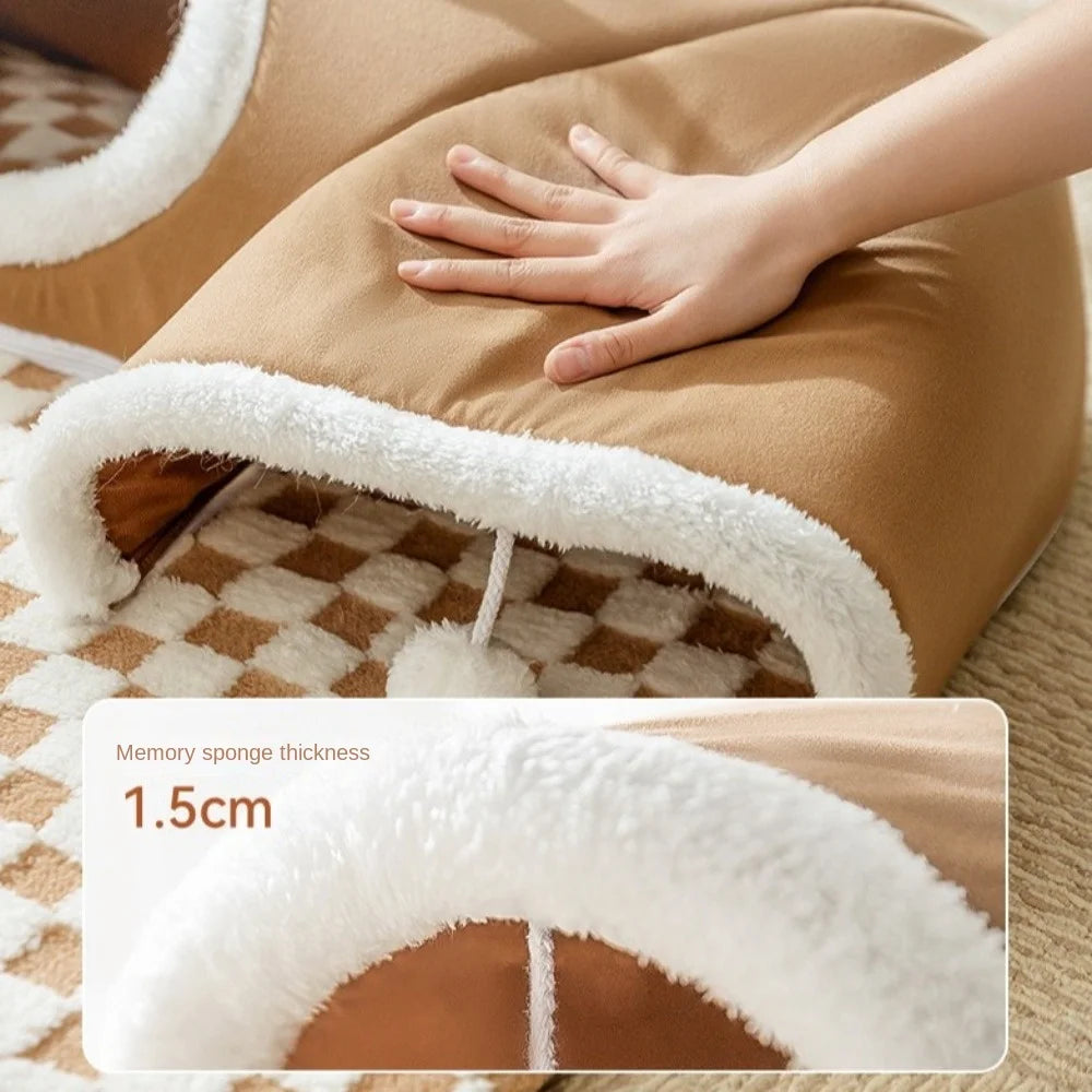 Plush Cat Tunnel Bed – Warm Tube-Shaped Pet Hideaway with Peekaboo Toy for Cats