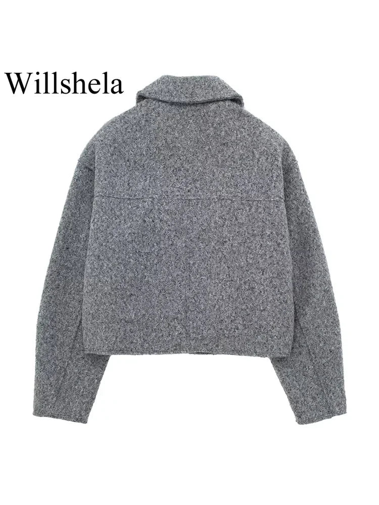 Willshela Women Fashion Grey Front Zipper Jacket with Pockets Vintage Lapel Neck Long Sleeve Chic Outfit