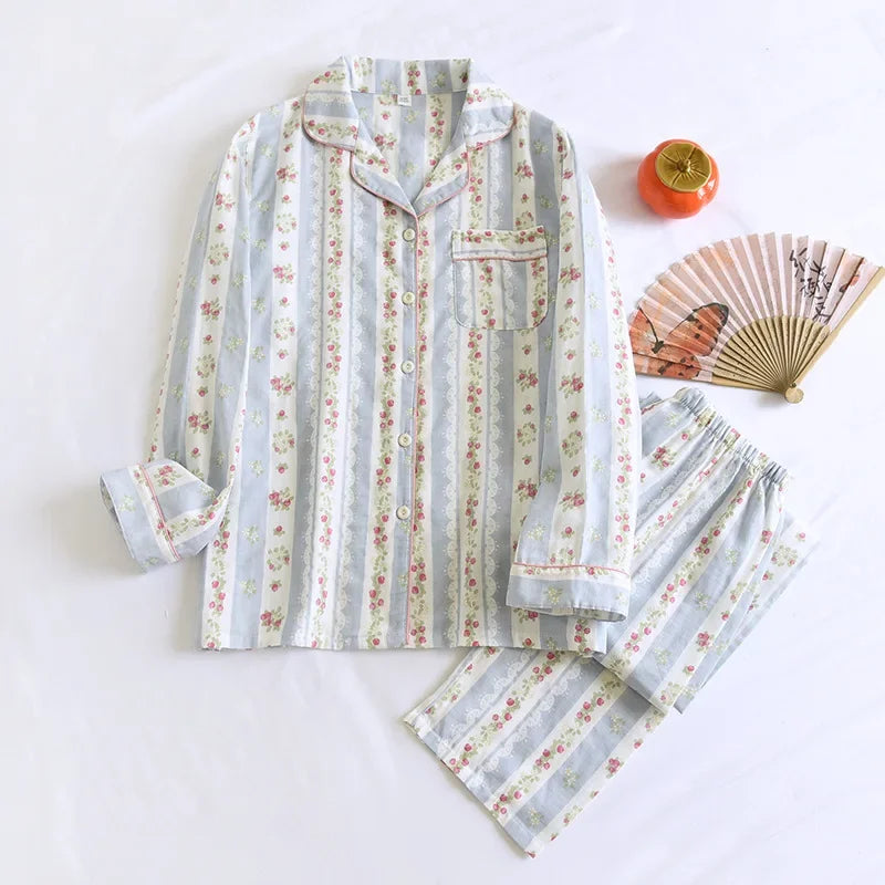 2025 Kimono Femme Maple Leaf Pajama Set | 100% Gauze Cotton Long Sleeve Sleepwear for Women | Autumn Pyjamas Hot Sale