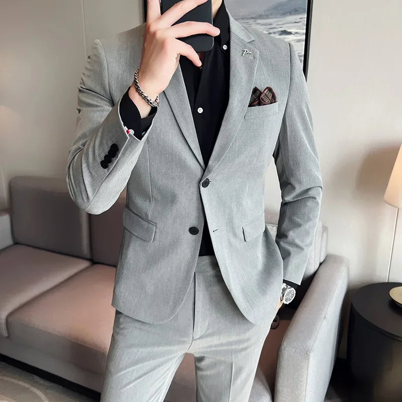 Men's High-End Solid Color Suit – Jacket & Pants for Business, Wedding & Party