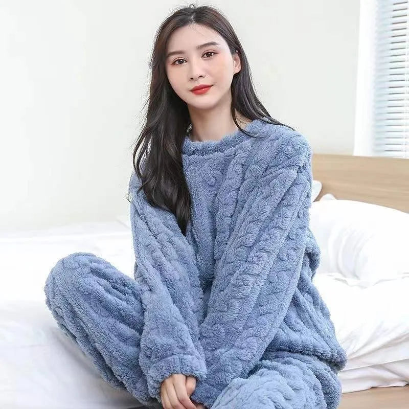 Women's Thickened Flannel Pajama Set | Winter Warm Sleepwear | Striped Top & Pants Homewear Loungewear