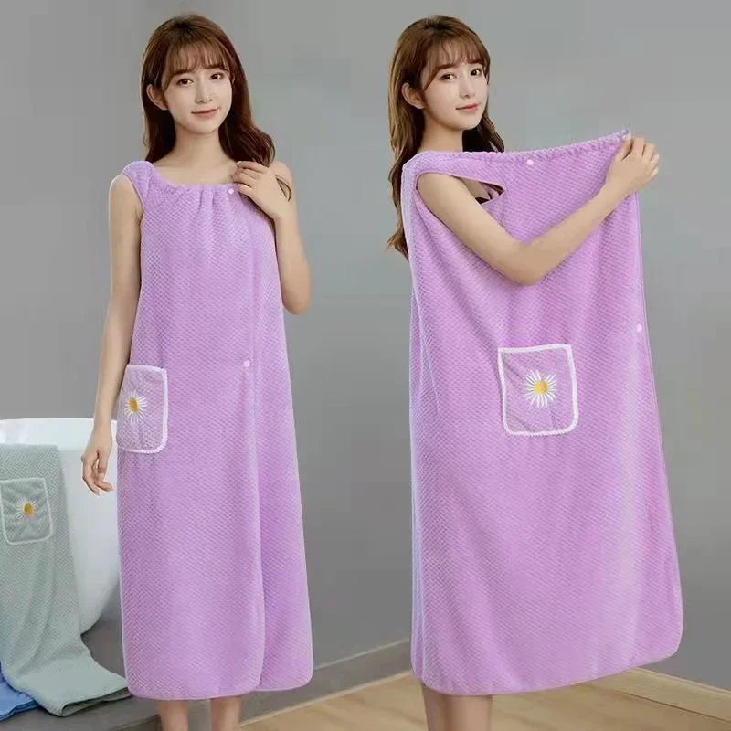 Wearable Bath Towel for Women - Absorbent Polyester Wrap Skirt Long Style Washable Bathroom Bathrobe