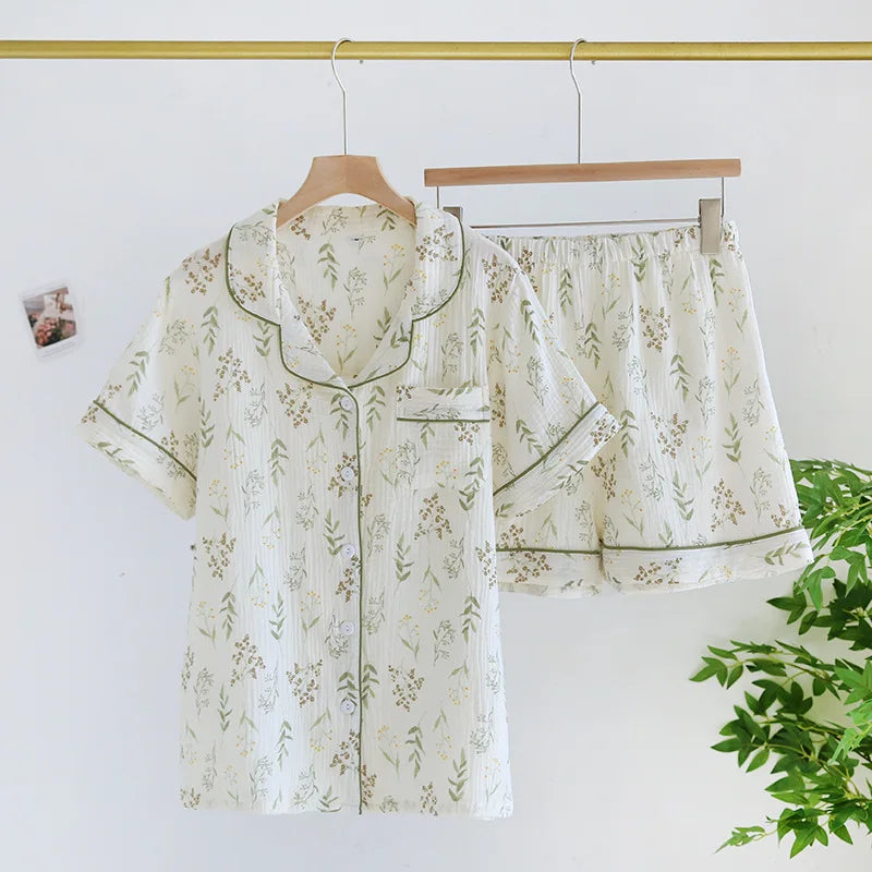 Japanese Summer Women's Pajama Set | Cotton Gauze Short Sleeve & Shorts Cute Heart Sleepwear