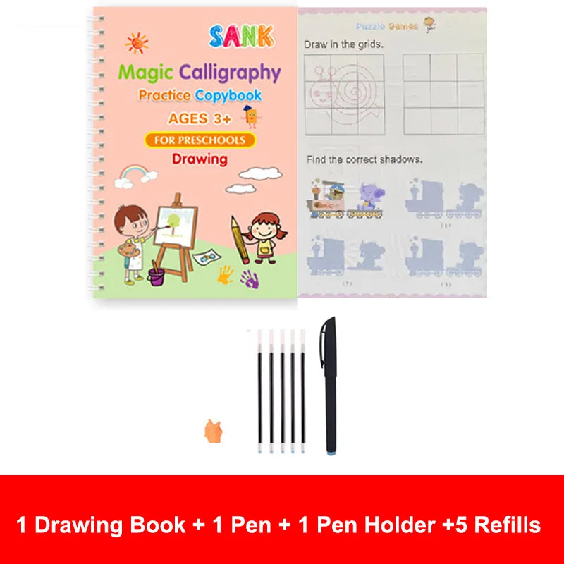 Sank Magic Practice Copybook – Reusable Kids’ English Calligraphy Writing Book with Free Wipe-Clean Pen