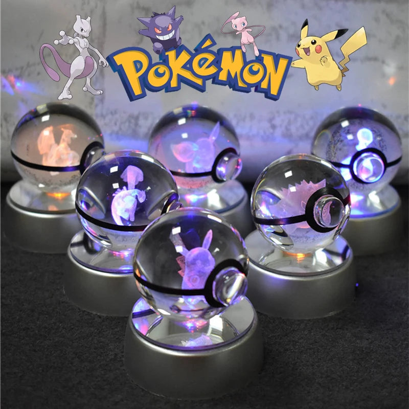 Pokémon 3D Crystal Ball Night Light – Pikachu, Gengar & Mewtwo Pokéball Glass Lamp for Kids Birthday Gifts