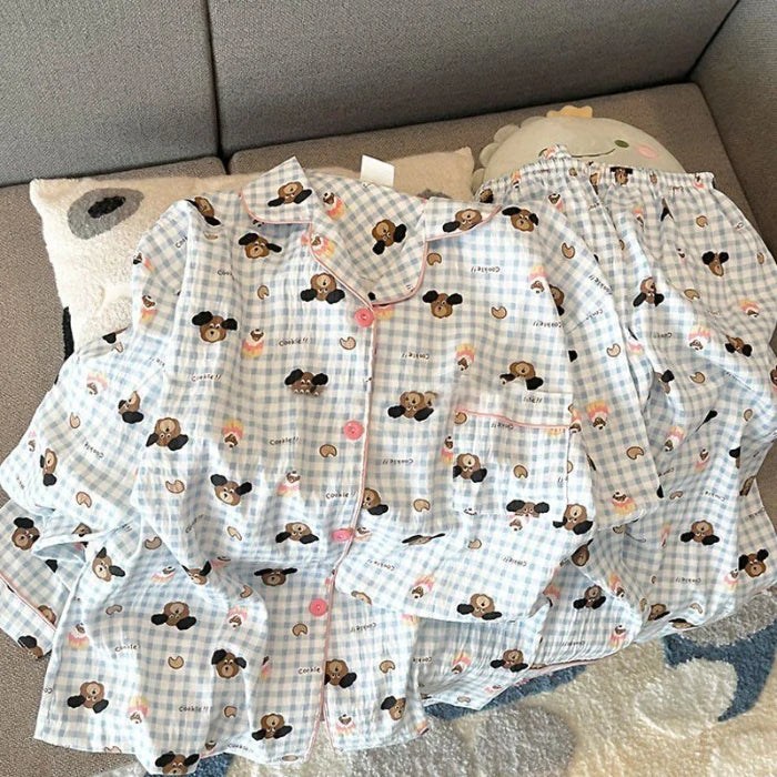 Autumn Women's Plaid Pajama Set | Korean Style Embroidered Dog 2-Piece Soft Vintage Sleepwear