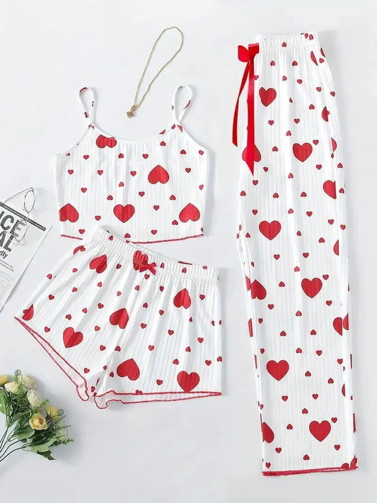 Women’s Autumn Winter Sleepwear Set — Heart Print Cami Vest & Long Pants | Sexy Lingerie Pyjamas