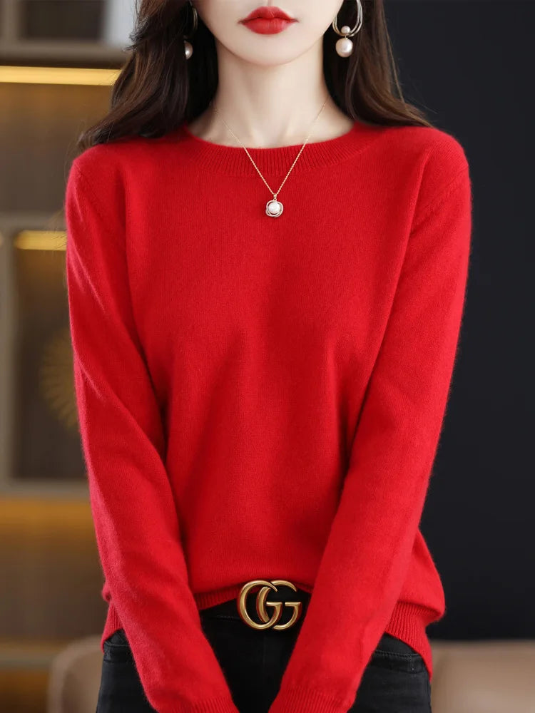 Fashion 100% Merino Wool Cashmere O-Neck Sweater Women Long Sleeve Knitwear