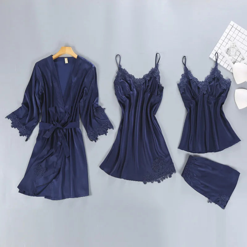 1/4/5PCS Women's Satin-Like Robe & Pajama Set | Lace V-Neck Cami Nightdress | Comfortable Home Sleepwear