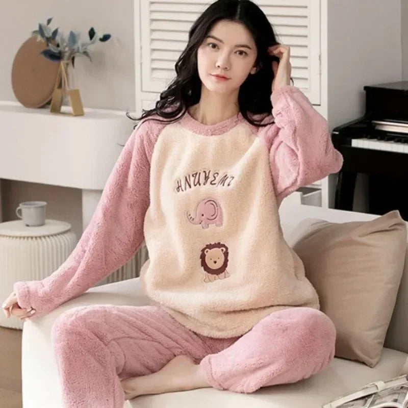 Warm Winter Flannel Pajama Set | Thickened Long Sleeve Cartoon Sleepwear for Women | Cozy Loungewear Offer