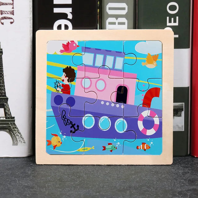 11x11CM Kids Wooden Puzzle – Cartoon Animal Traffic Tangram Educational Jigsaw Toy Gift for Children