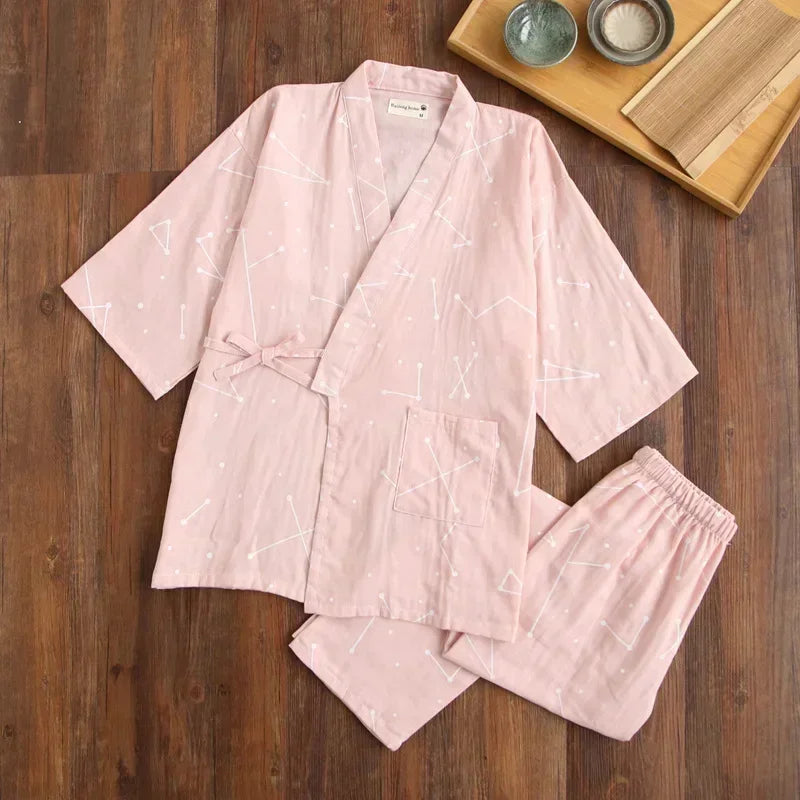 2025 Japanese Style Women's Kimono Pajama Set | 100% Cotton Gauze Seven Sleeve Two-Piece | Cute Spring & Autumn Homewear