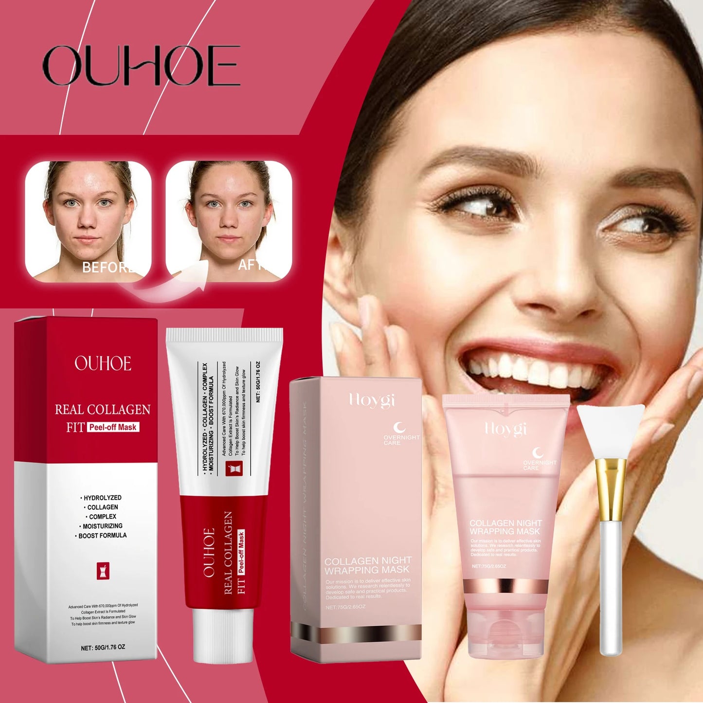 Ouhoe Collagen Peel-Off Mask with Brush – Anti-Wrinkle, Firming & Hydrating Face Mask for All Skin Types