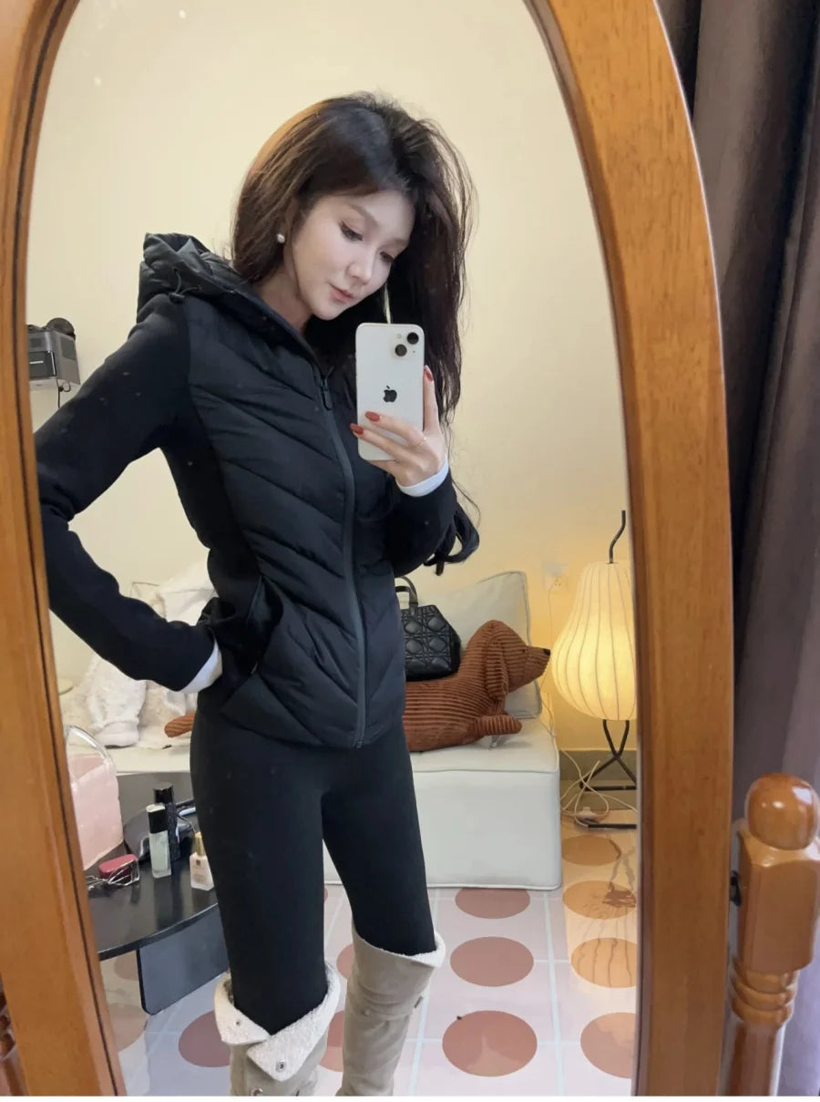 ETJ 2025 Women's Elegant Patchwork Long Sleeve Standing Collar Hooded Cotton Jacket Sport Coat