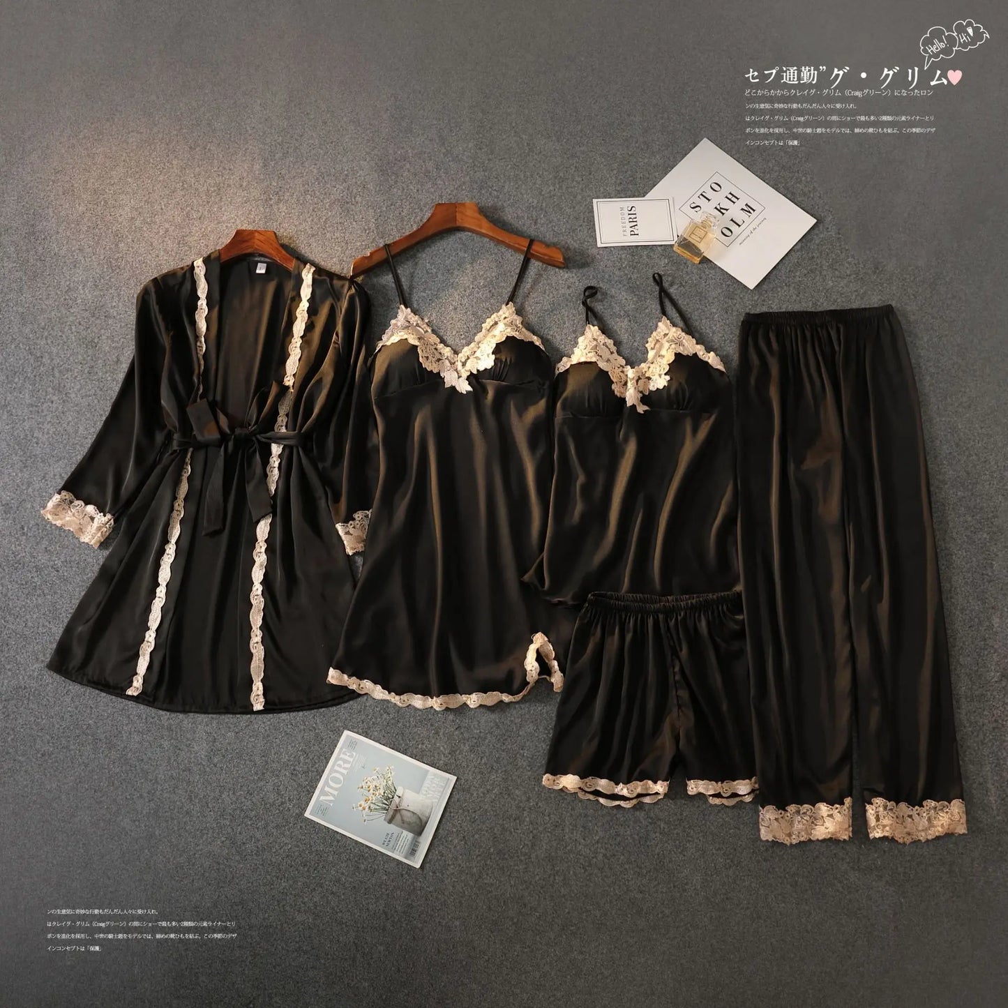 1/4/5PCS Women's Satin-Like Robe & Pajama Set | Lace V-Neck Cami Nightdress | Comfortable Home Sleepwear