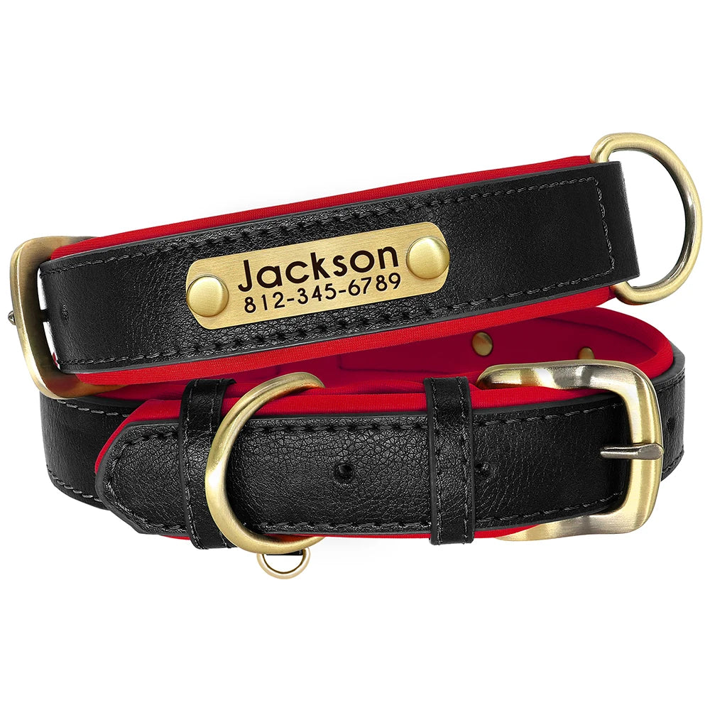 Custom PU Leather Dog Collar – Soft Padded with Engraved Nameplate, Adjustable for Small, Medium & Large Dogs