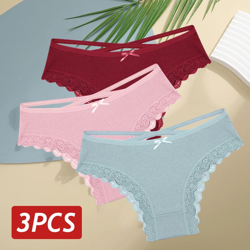 3PCS Women's Cotton Panties Set – Sexy Low Rise Lace Brazilian, Hollow Out Soft Breathable Lingerie S-XL