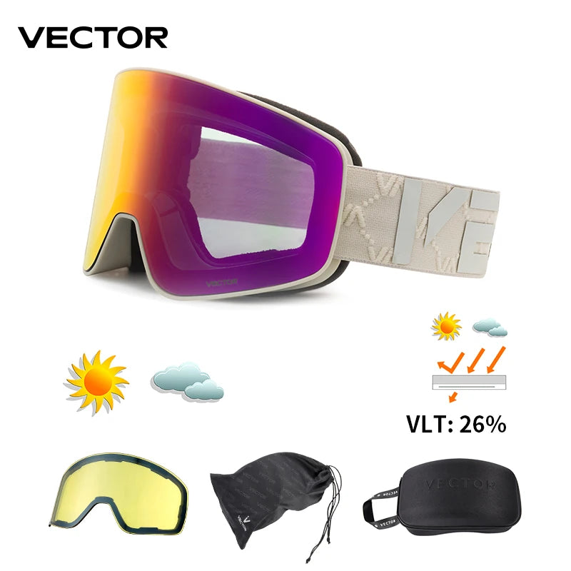 VECTOR Double-Layer Ski Goggles – Anti-Fog Magnetic Absorption Cylindrical UV400 Glasses for Men & Women, Snowboard & Ski POC Eyewear