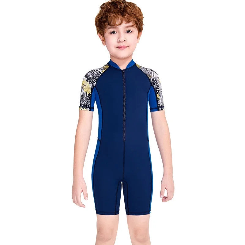 Boys One-Piece Swimsuit Long Sleeve Sun Protection Kids Swimwear with Cap