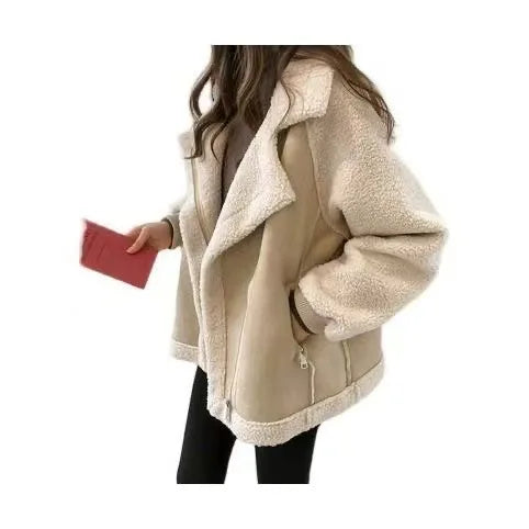 Chic Suede Lamb Fur Jacket Loose Fit Plus Size Cotton Coat Autumn Winter Fashion Outerwear for Plump Sisters