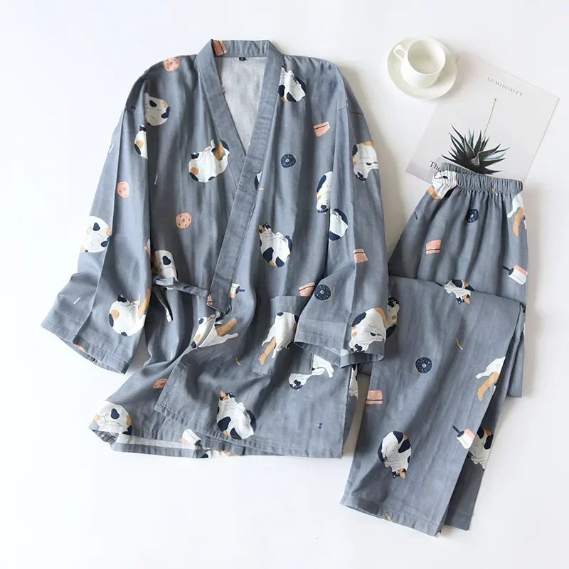 2025 Japanese Style Women's Kimono Pajama Set | 100% Cotton Gauze Seven Sleeve Two-Piece | Cute Spring & Autumn Homewear