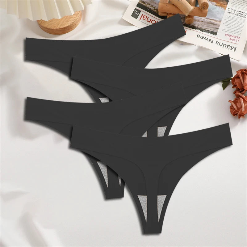FINETOO 4PCS Women's Ice Silk Seamless Low Waist Thongs Sexy Solid Color Stretch Lingerie