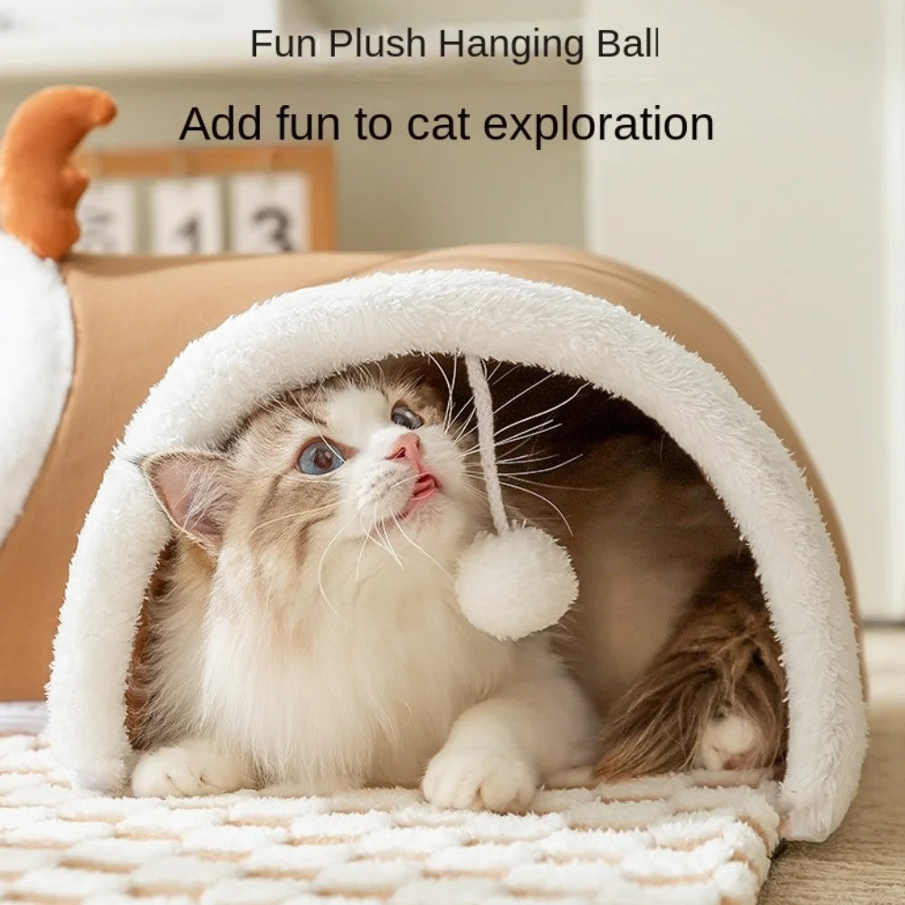 Plush Cat Tunnel Bed – Warm Tube-Shaped Pet Hideaway with Peekaboo Toy for Cats