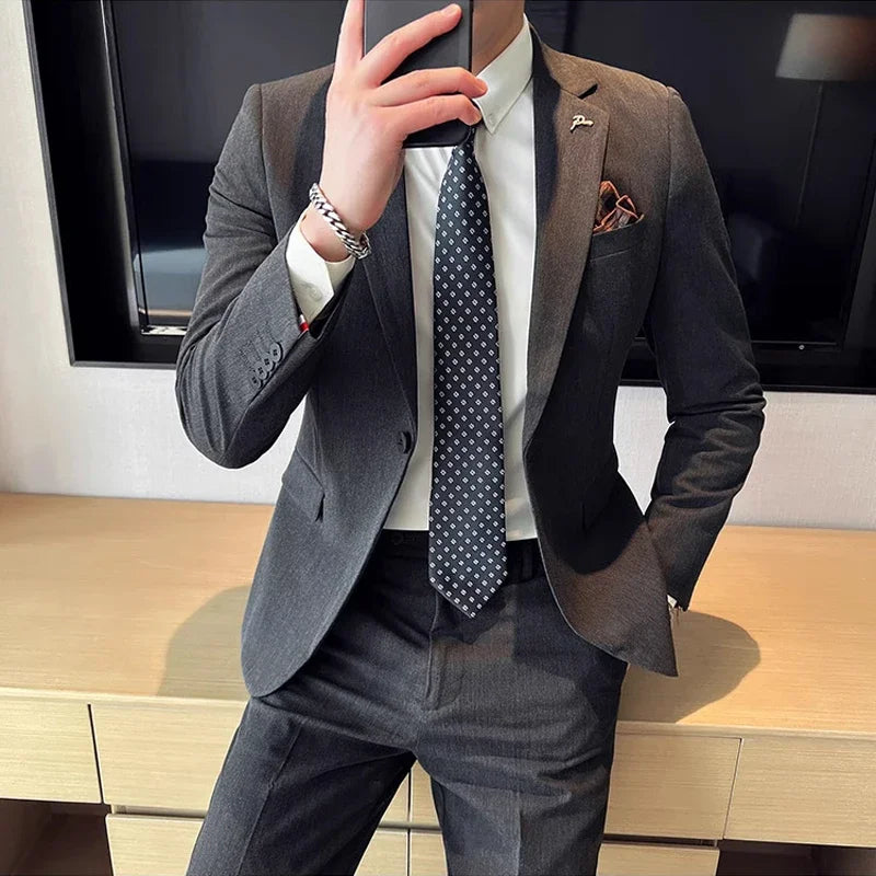 Men's High-End Solid Color Suit – Jacket & Pants for Business, Wedding & Party