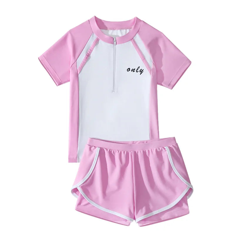Girls Two Piece Swimsuit Double Layer Short Sleeve Swimwear Summer Beach Outfit