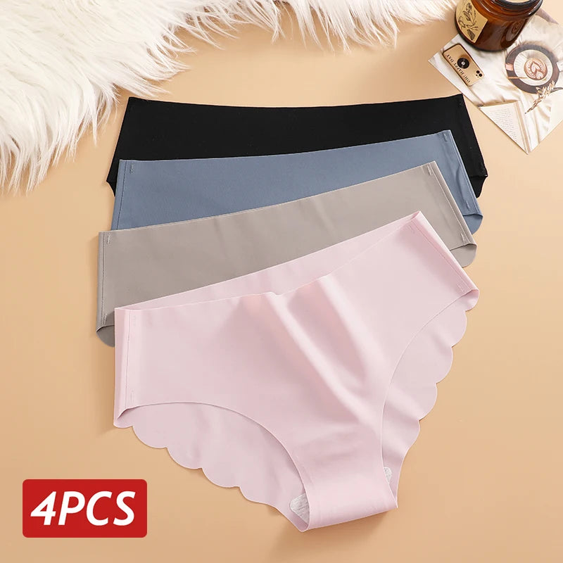 4PCS Set Women's Ice Silk Seamless Panties Solid Color Ultra Thin No Trace Elastic Underwear