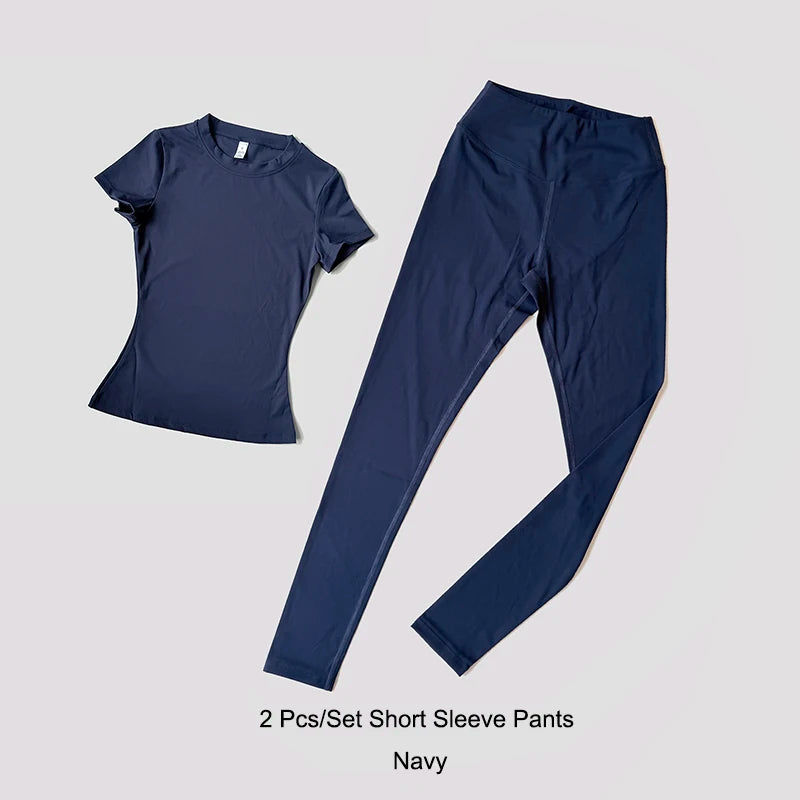 Quick-Drying Gym Leggings Set – Breathable Stretchy Slim Fitness Sport Suit with Short Sleeve Active Top