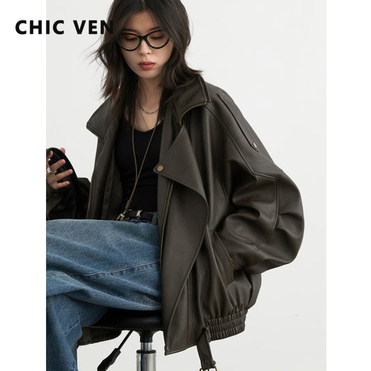 CHIC VEN Women PU Jacket Solid Loose Retro Standing Collar Motorcycle Faux Leather Coat Spring Autumn 2024