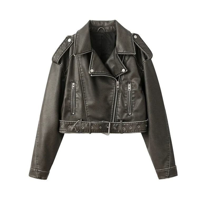 2025 Women's Washed Coal Gray Leather Jacket with Belt Short Vintage Lapel Coat and Downgraded Zipper