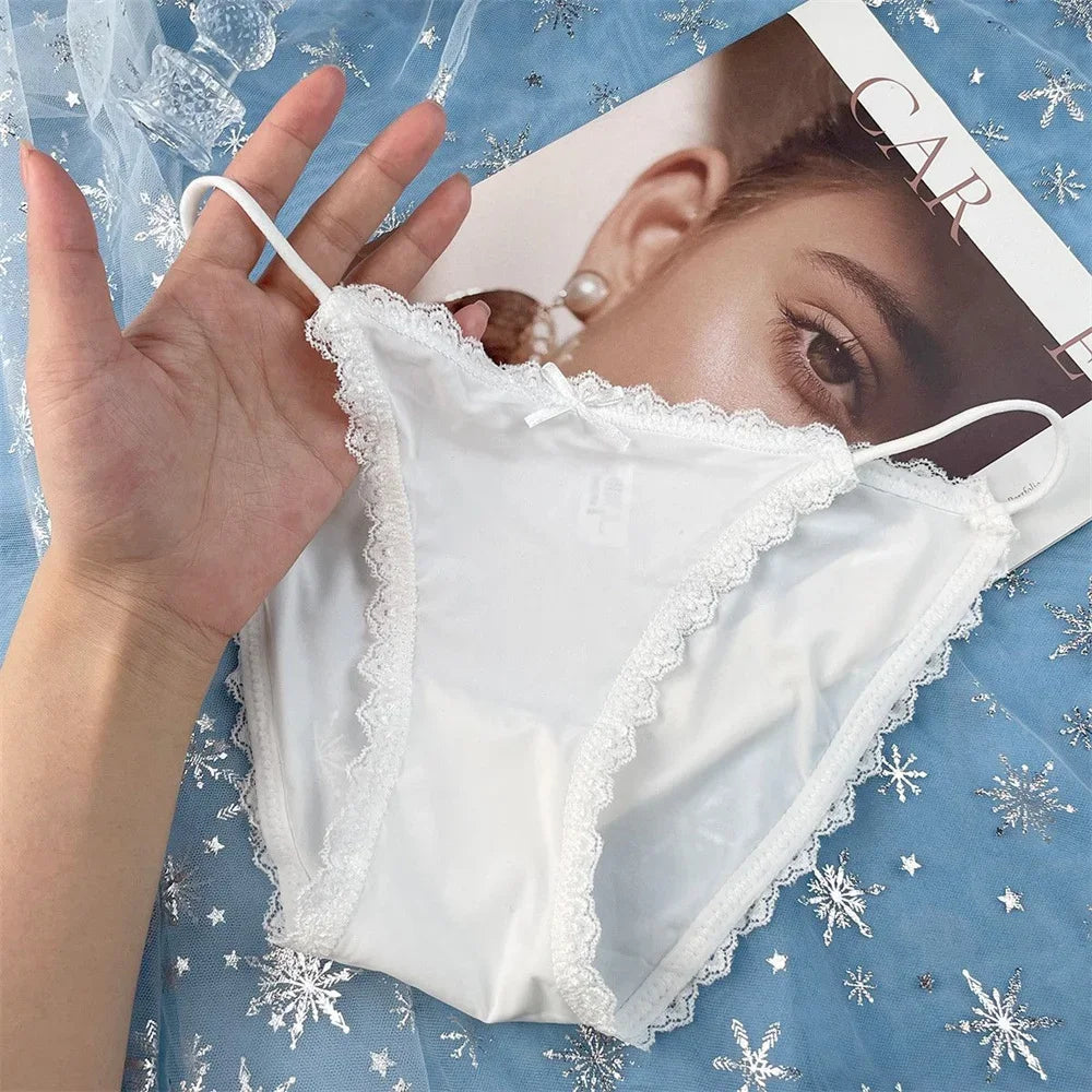 3PCS Women's Traceless Ice Silk Briefs Nylon Lace Trim Low Waist Breathable Cotton Crotch Panties