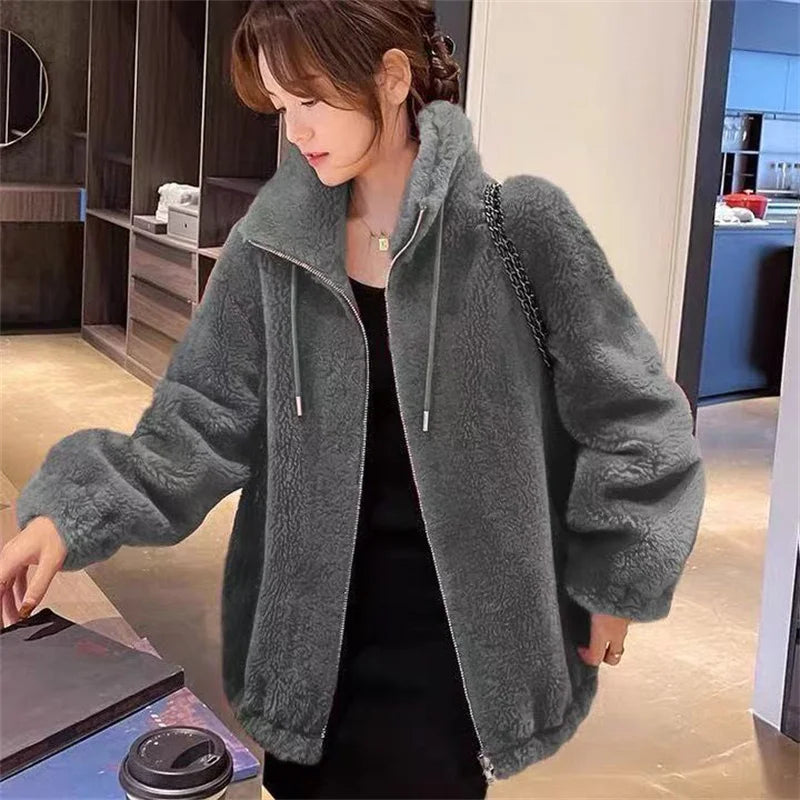 Winter Warm Double Coral Fleece Coat Women Stand Collar Plush Thick Loose Casual Long Sleeve Zipper Overcoat