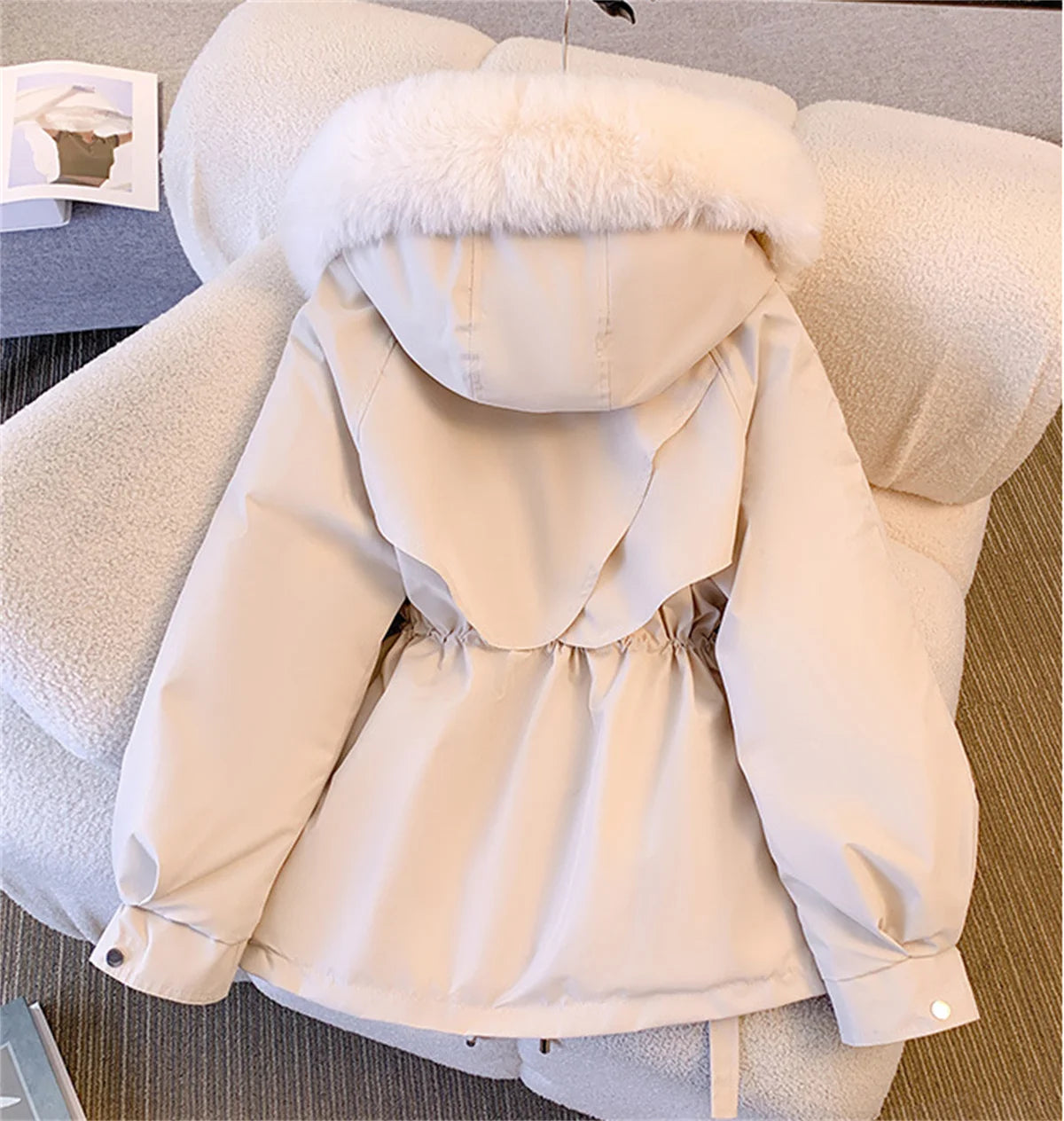 Women Autumn Winter Hooded Drawstring Padded Jacket Solid Casual Zip-Up Parka