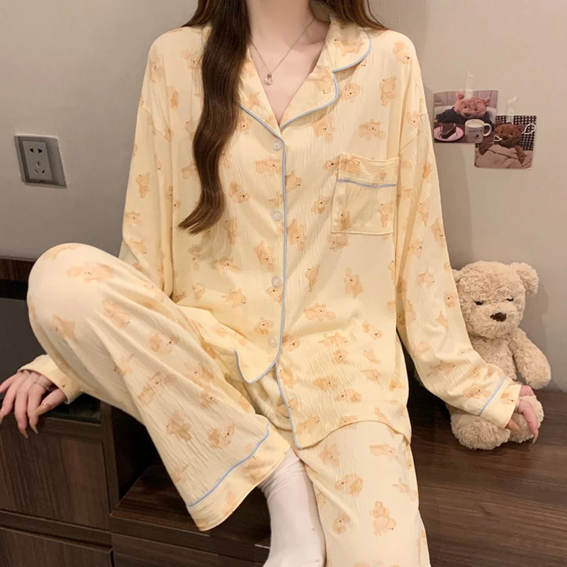 Women's Pink Bow Pajama Set | Harajuku Style Long Sleeve Top & Elastic Waist Pants Sleepwear