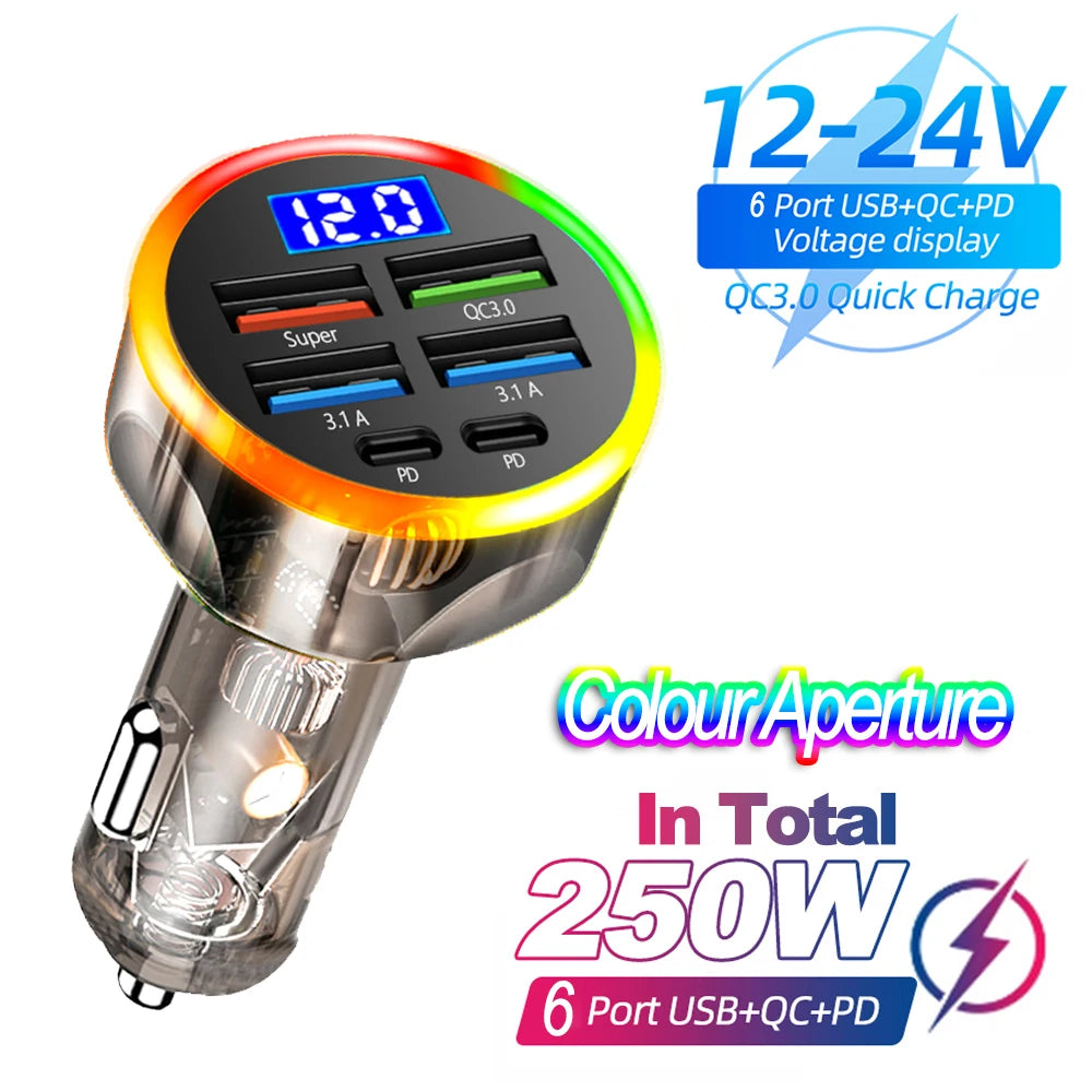 66–250W PD Car Charger – QC3.0 Fast Charging Cigarette Lighter Splitter with Digital Display (1-to-6 Ports)