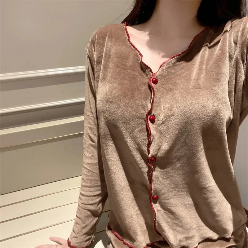 Women's V-Neck Flared Cardigan Pajama Set | Chest Pad & Fleece Pants Winter Plus Size Sleepwear