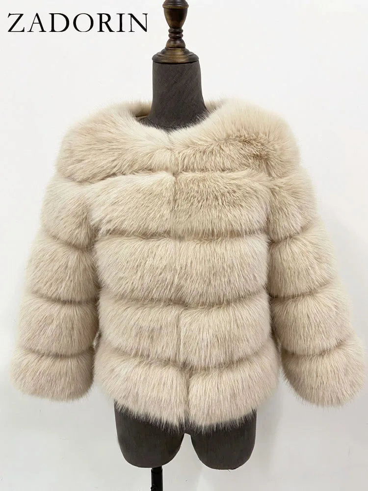 ZADORIN S-6XL Women's Mink Faux Fur Coat Winter Elegant Fluffy Short Jacket Black & White