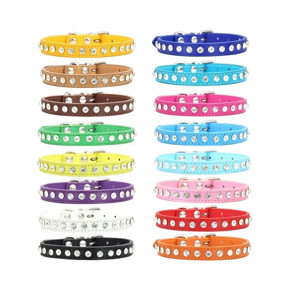Collar de perro personalizado con diamantes de imitación: cuero sintético ajustable en 16 colores para perros pequeños y chihuahuas.
