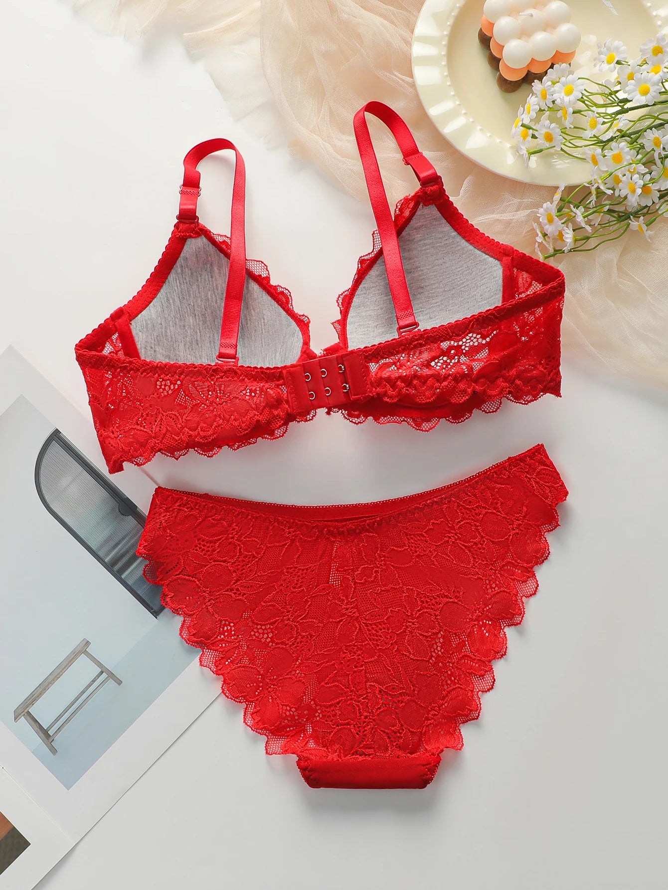 Red & White Lingerie 2-Piece Set – Lace Cotton Sexy Women's Underwear J3431