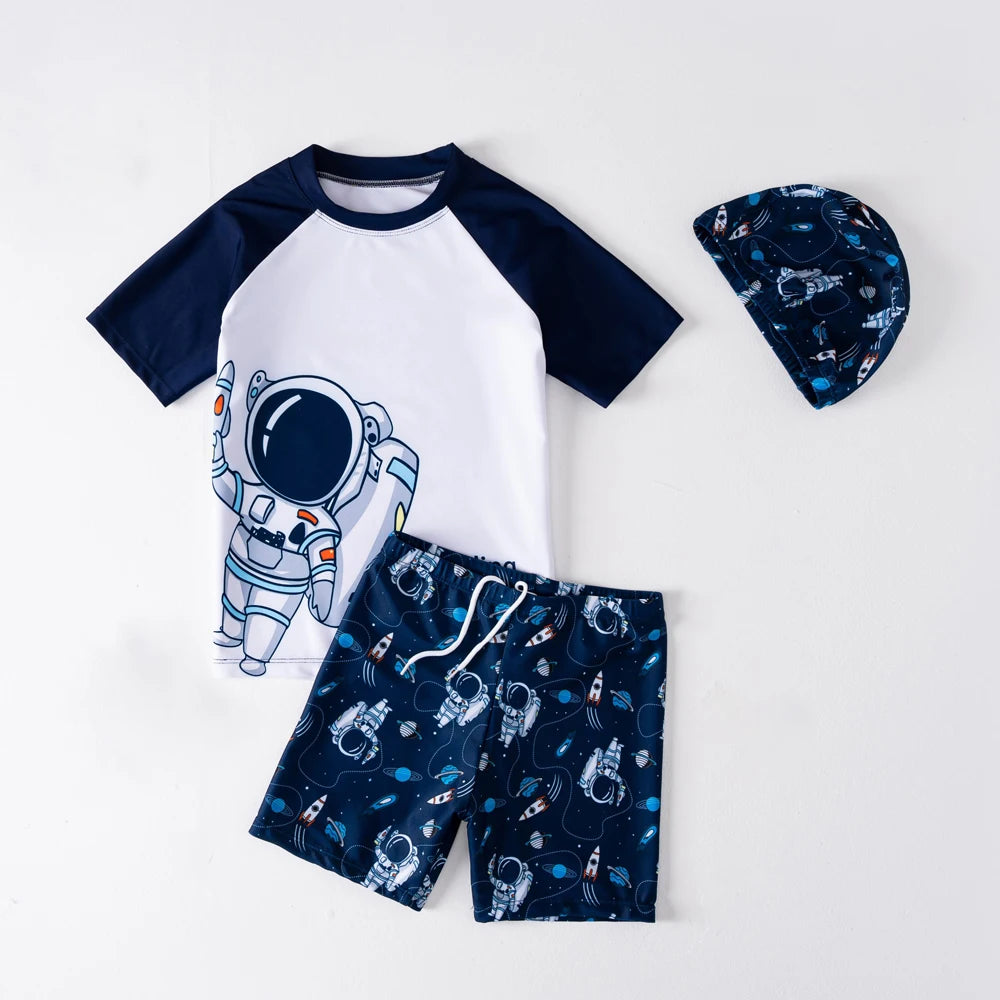 Boys Short Sleeve Swimsuit Set Astronaut Cartoon Quick Dry Kids Beachwear