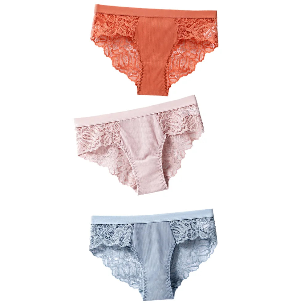 3Pcs Cotton Lace Panties for Women - Sexy Floral Briefs Underwear Lingerie Plus Size