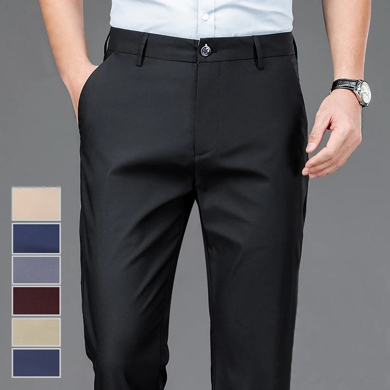 Men's Stretch Solid Black Trousers – Smart Casual Office & Quick Dry Suit Pants