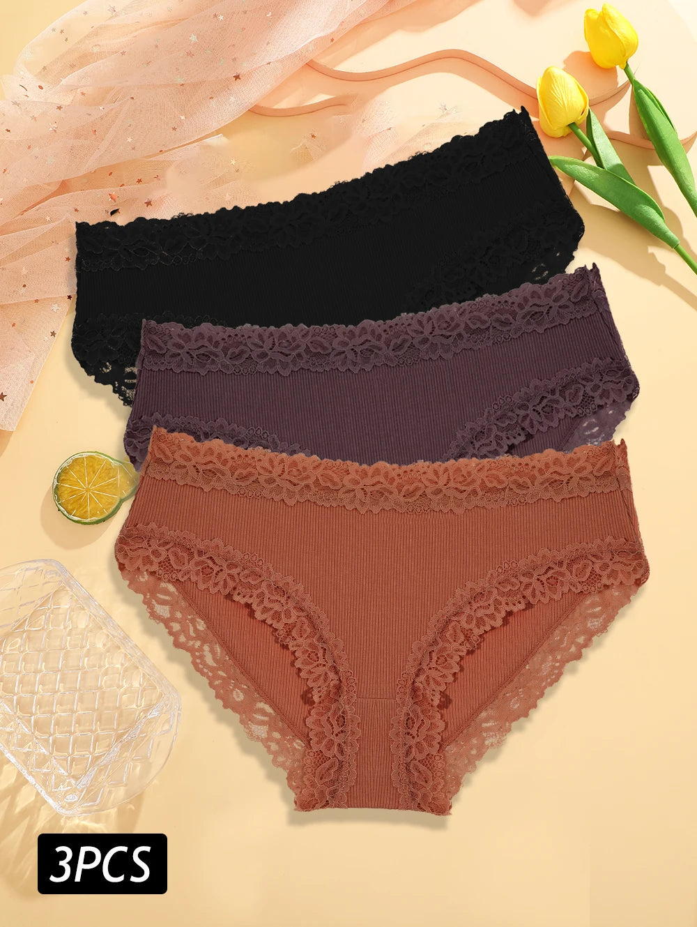 3PCS Set Women's Sexy Lace Cotton Low Rise Panties Floral Seamless Soft Breathable Underwear S-XL